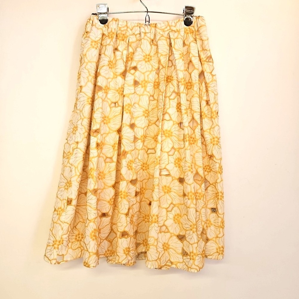 H&M Yellow Floral Midi Skirt Size S Textured Cottagecore Fairy Nature‎ Casual